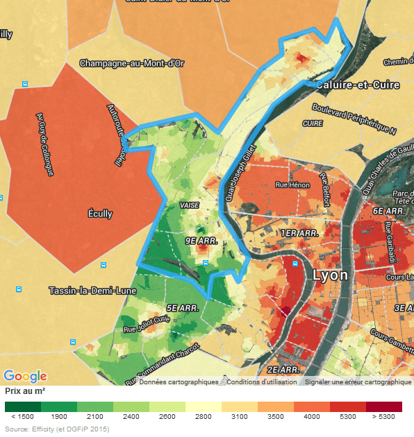 Carte du prix au m² sur Lyon 9ème - Vaise