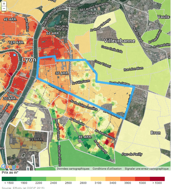 Carte du prix au m2 à Lyon 3ème