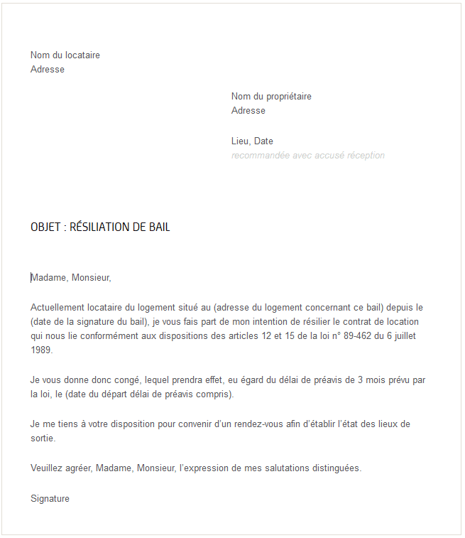 Lettre résiliation bail d